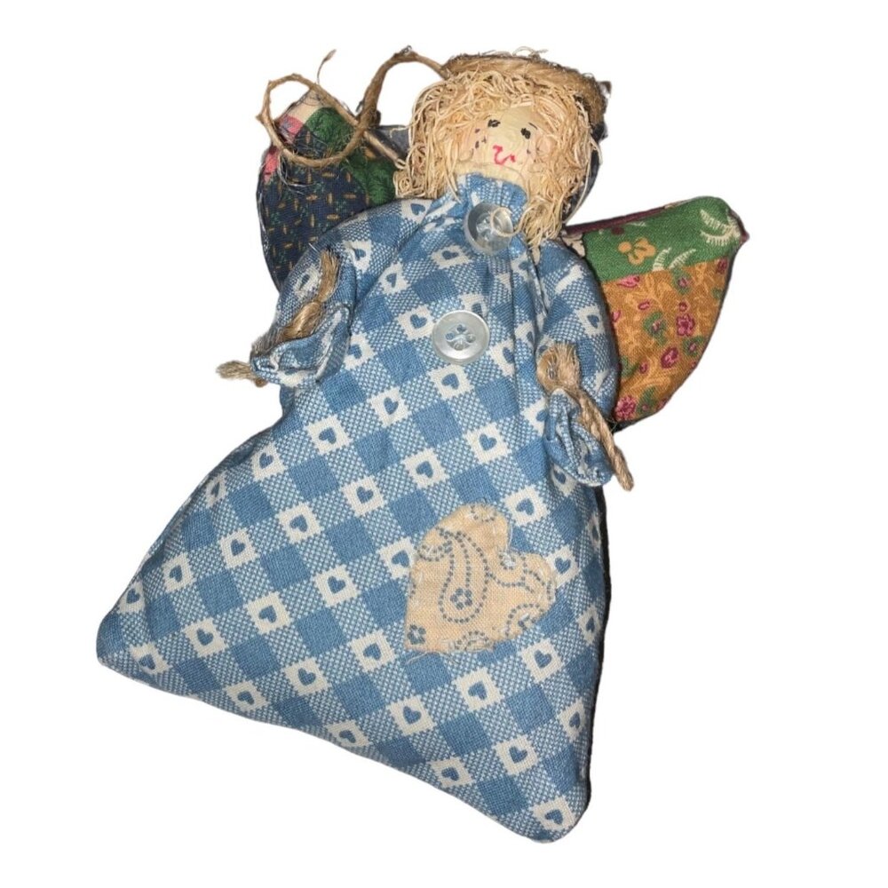 Handcrafted Patchwork Angel Doll With Blue Gingham Dress & Button Details